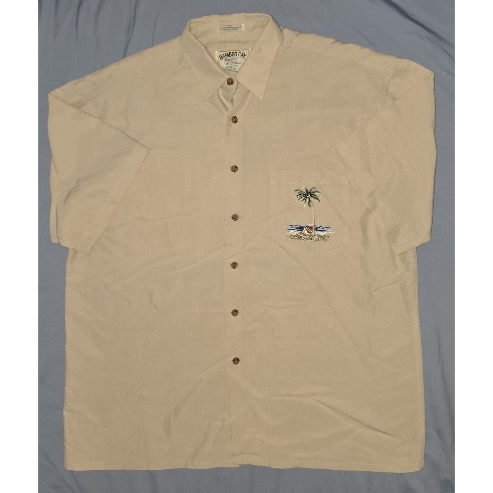 Bamboo Cay‎ Men's Beige Embroidered Guitarist Button Up Shirt L Modal Polyester